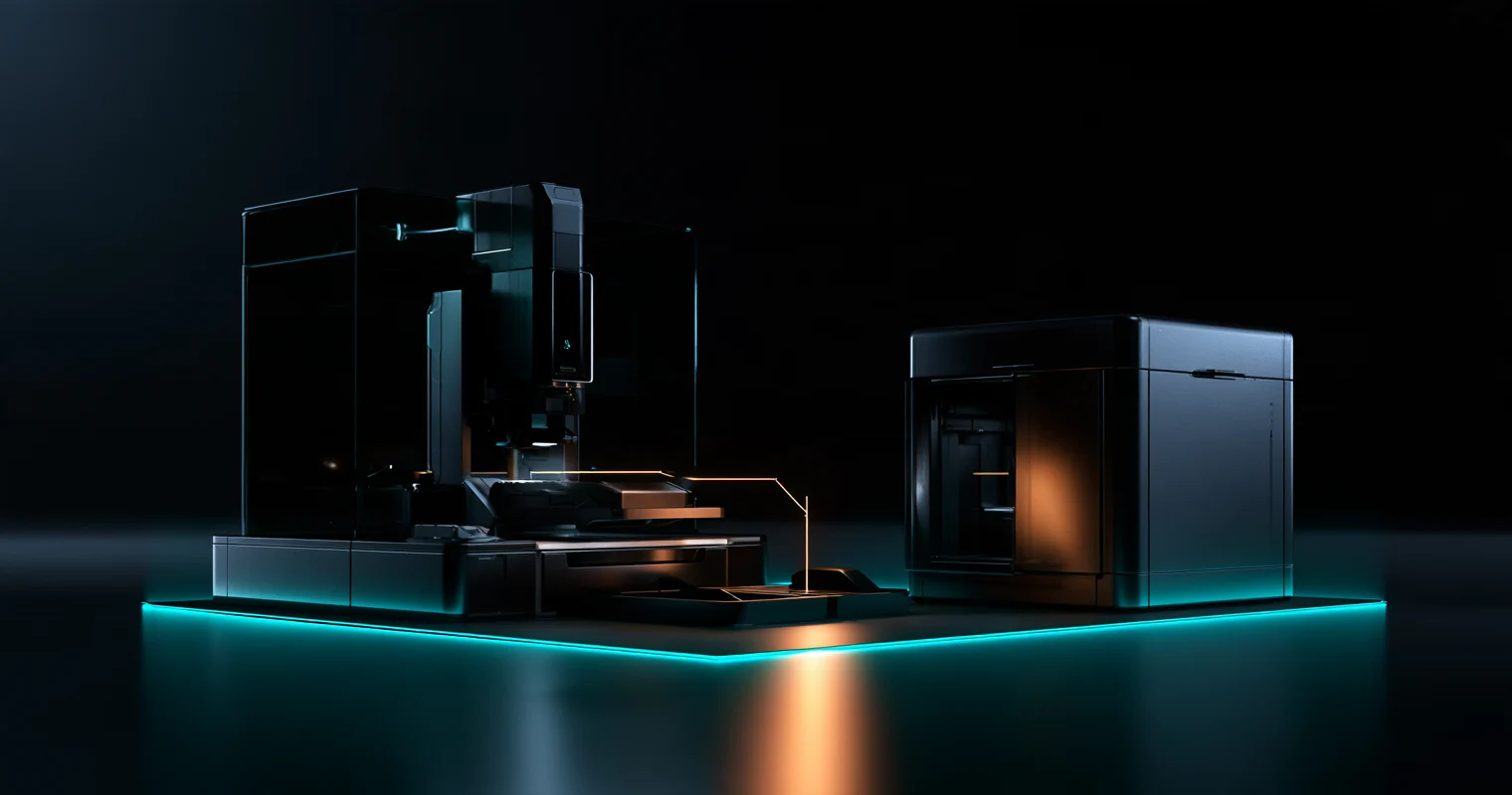 Two dark machine-like enclosures on a cyan-lit platform, with a thin amber line extending between them.